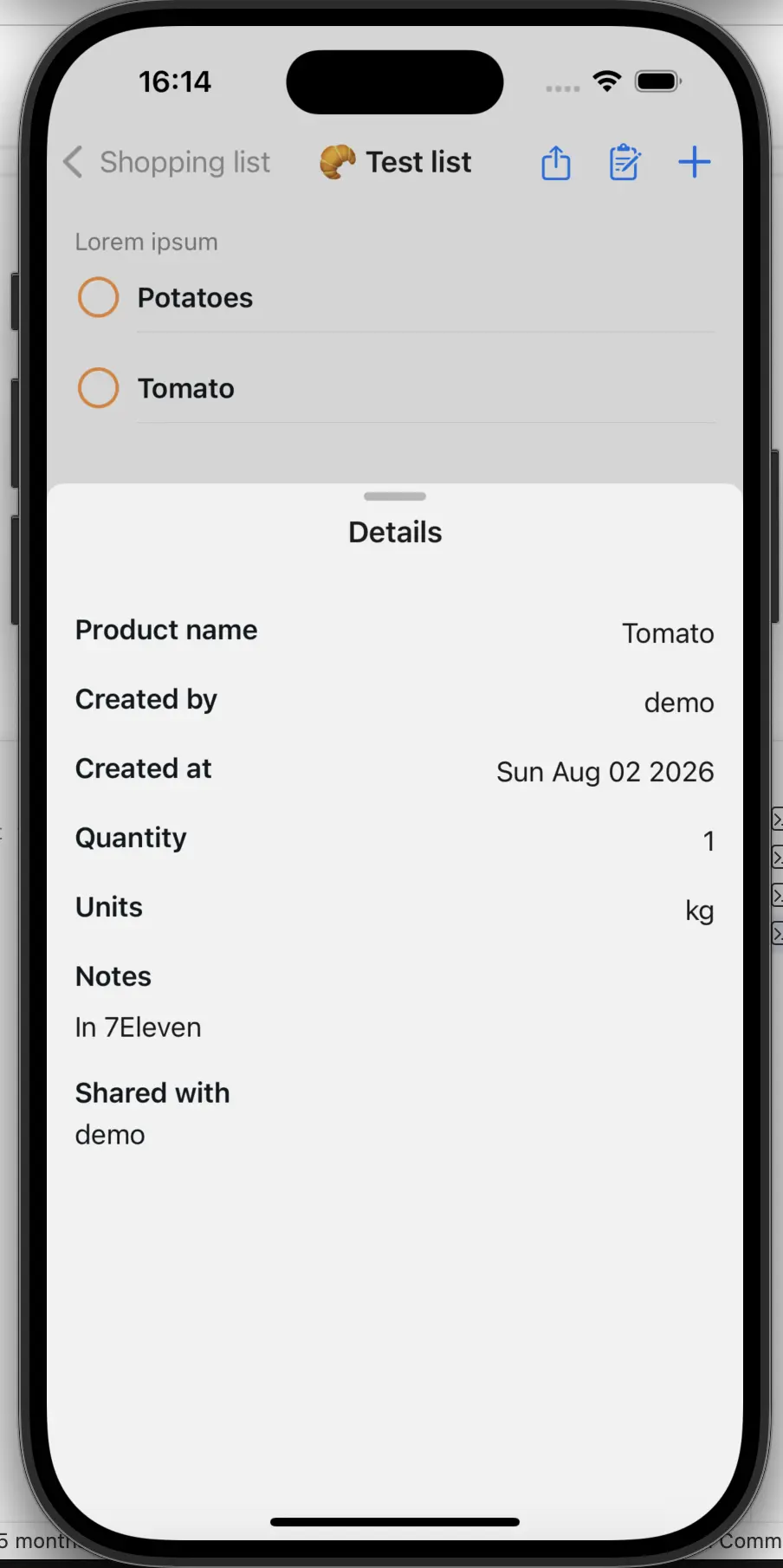 Shopping list screenshot